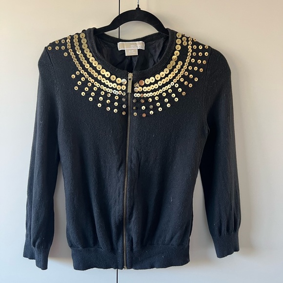 Michael Kors Gold Sequin Black Zip Cardigan, Size Small - Picture 2 of 7